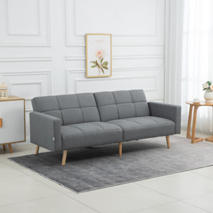 Canapé convertible 2 places design scandinave dossier inclinable 3 positions piètement bois tissu aspect lin gris