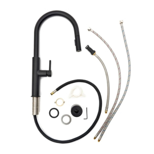 set mitigeur lavabo à levier sans tirette + mitigeur cuisine avec douchette extractible 2 jets, noir mat (SATBSD2OD271C)