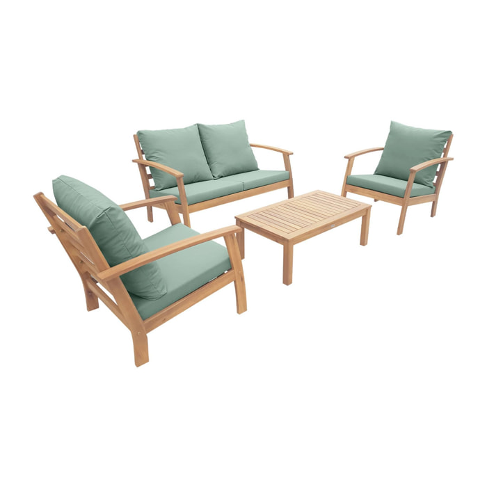 Salon de jardin en bois 4 places - Ushuaïa - Coussins vert de gris. canapé. fauteuils et table basse en acacia. design