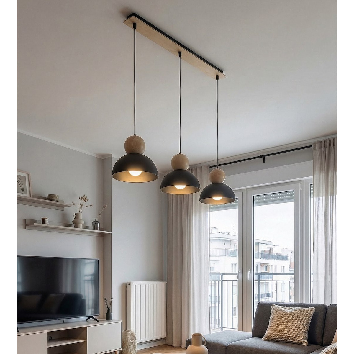 Lampada a sospensione KAKI in acciaio nero e legno