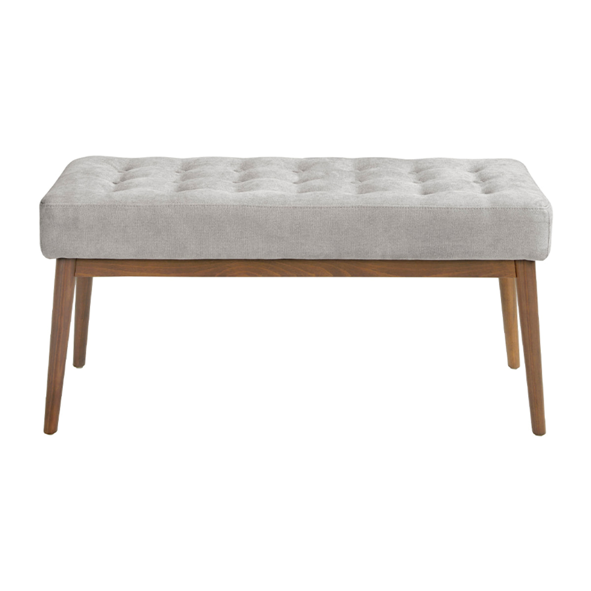 Banqueta tapizada en tela gris oscuro con estructura de patas de madera en nogal 100x40x45cm