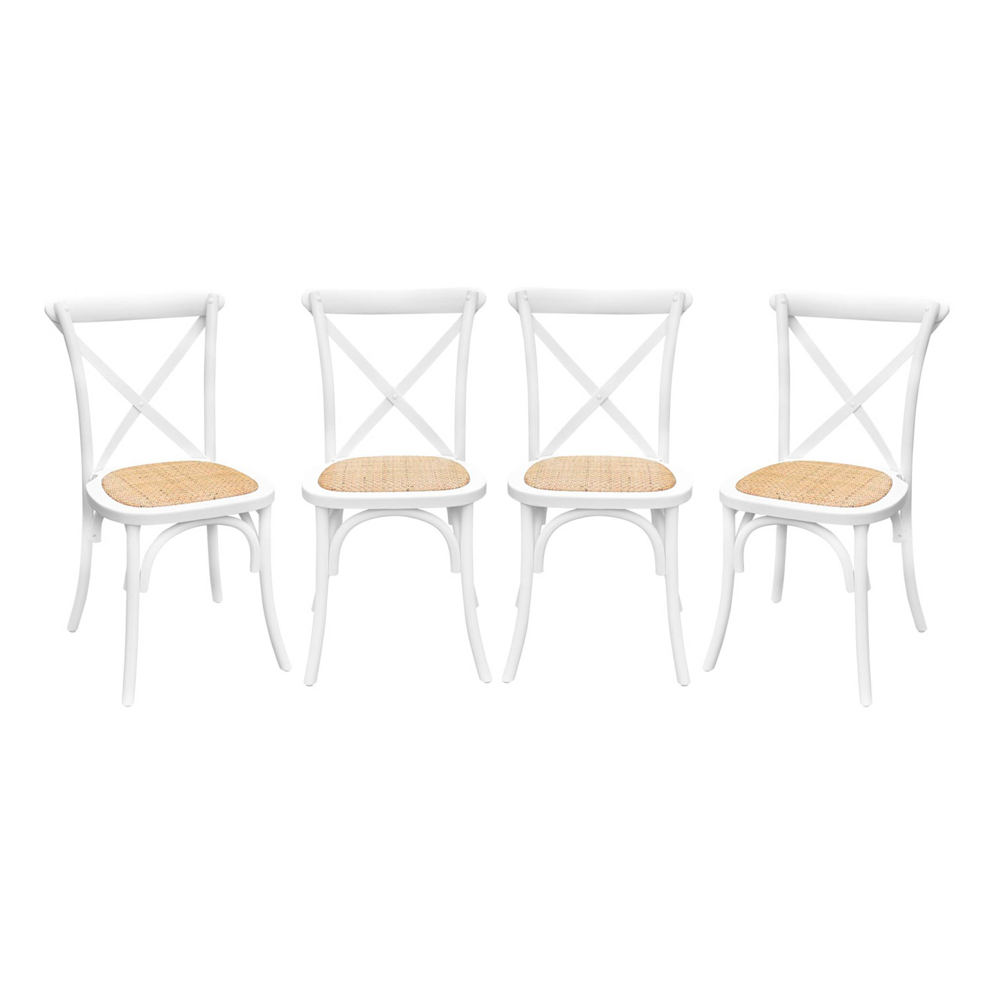 Lot de 4 chaises de bistrot en bois d'hévéa blanc. vintage. assise en rotin. empilables