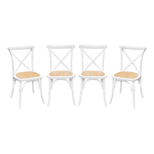 Lot de 4 chaises de bistrot en bois d'hévéa blanc. vintage. assise en rotin. empilables