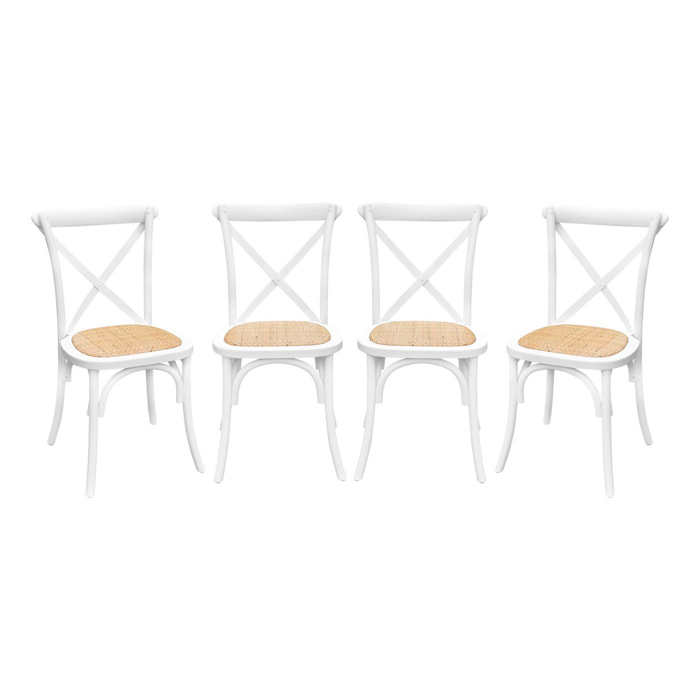 Lot de 4 chaises de bistrot en bois d'hévéa blanc. vintage. assise en rotin. empilables