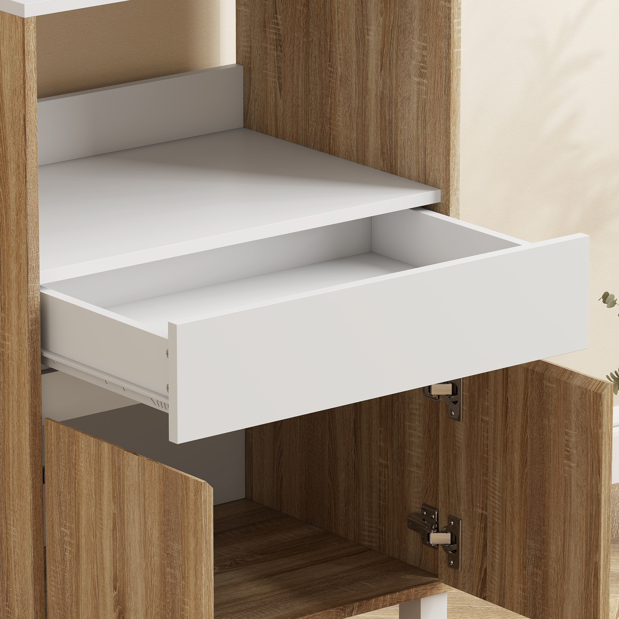 Meuble de rangement desserte de cuisine pour micro-ondes avec placard tiroir étagère supérieur 60 x 40 x 131 cm naturel et blanc