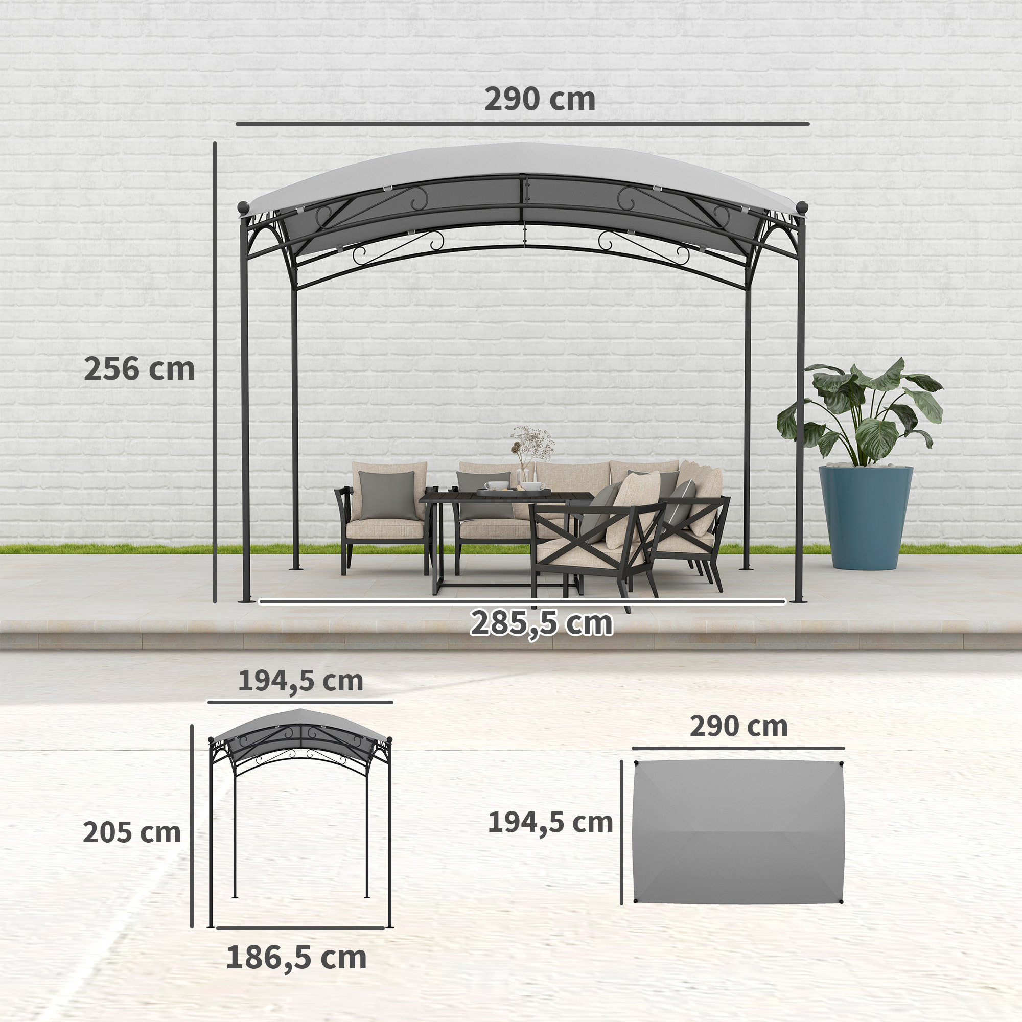 Cenador para Jardín 3x2 m Pérgola de Jardín Gazebo con Cúpula Elegante y Estructura Metálica Impermeable Carpa para Exterior Terraza Patio Gris