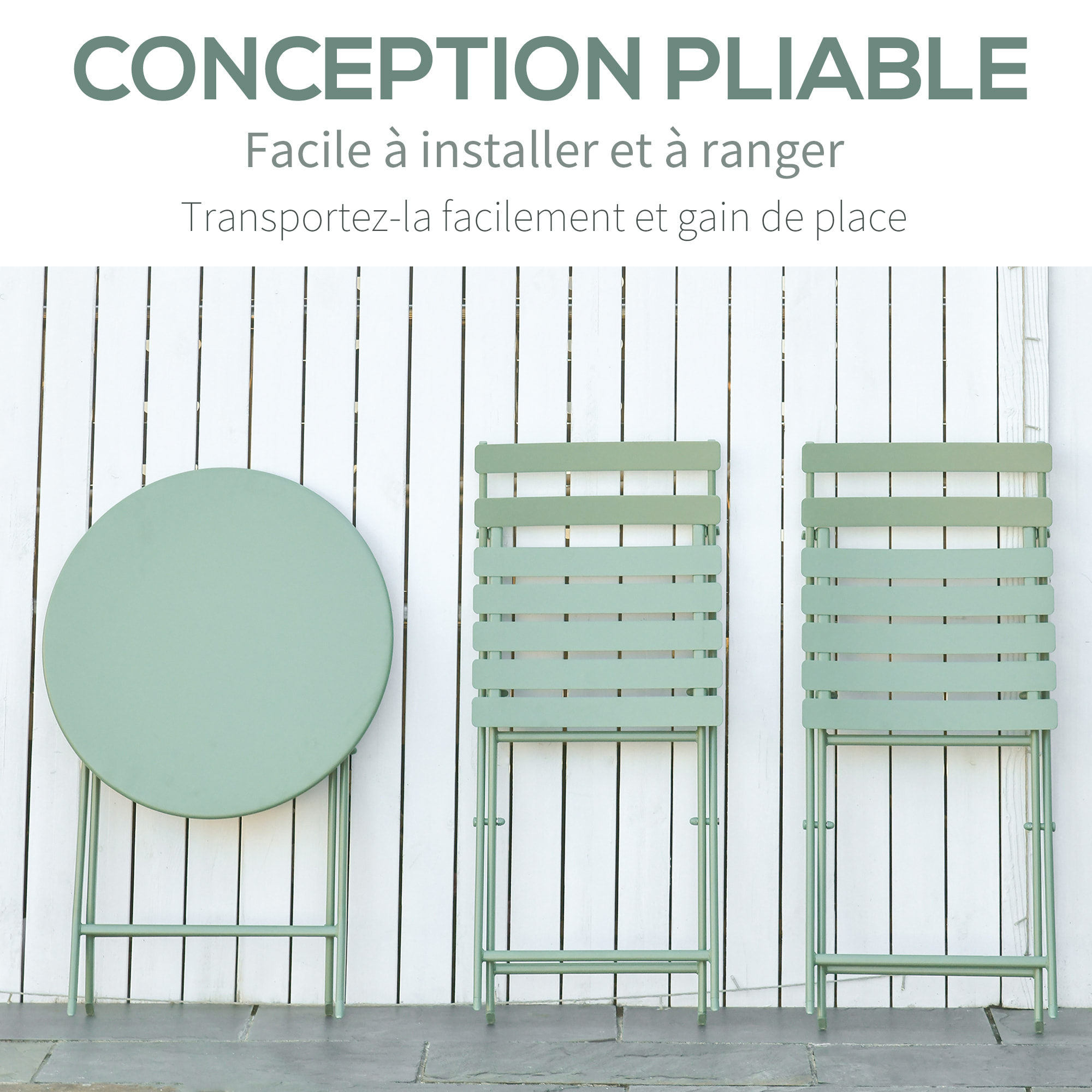 Salon de jardin bistro pliable - table ronde Ø 60 cm avec 2 chaises pliantes - métal thermolaqué vert d'eau
