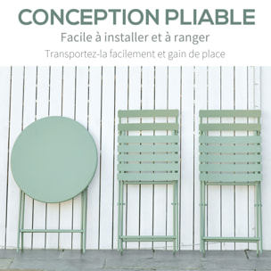 Salon de jardin bistro pliable - table ronde Ø 60 cm avec 2 chaises pliantes - métal thermolaqué vert d'eau