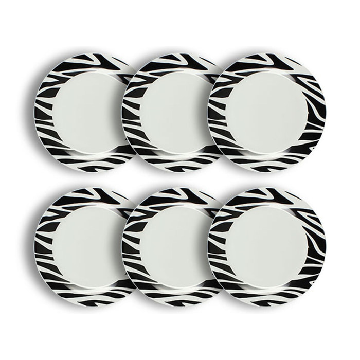 Lot de 6 assiettes plates 26,5cm en porcelaine à motif zèbre ANIMALS