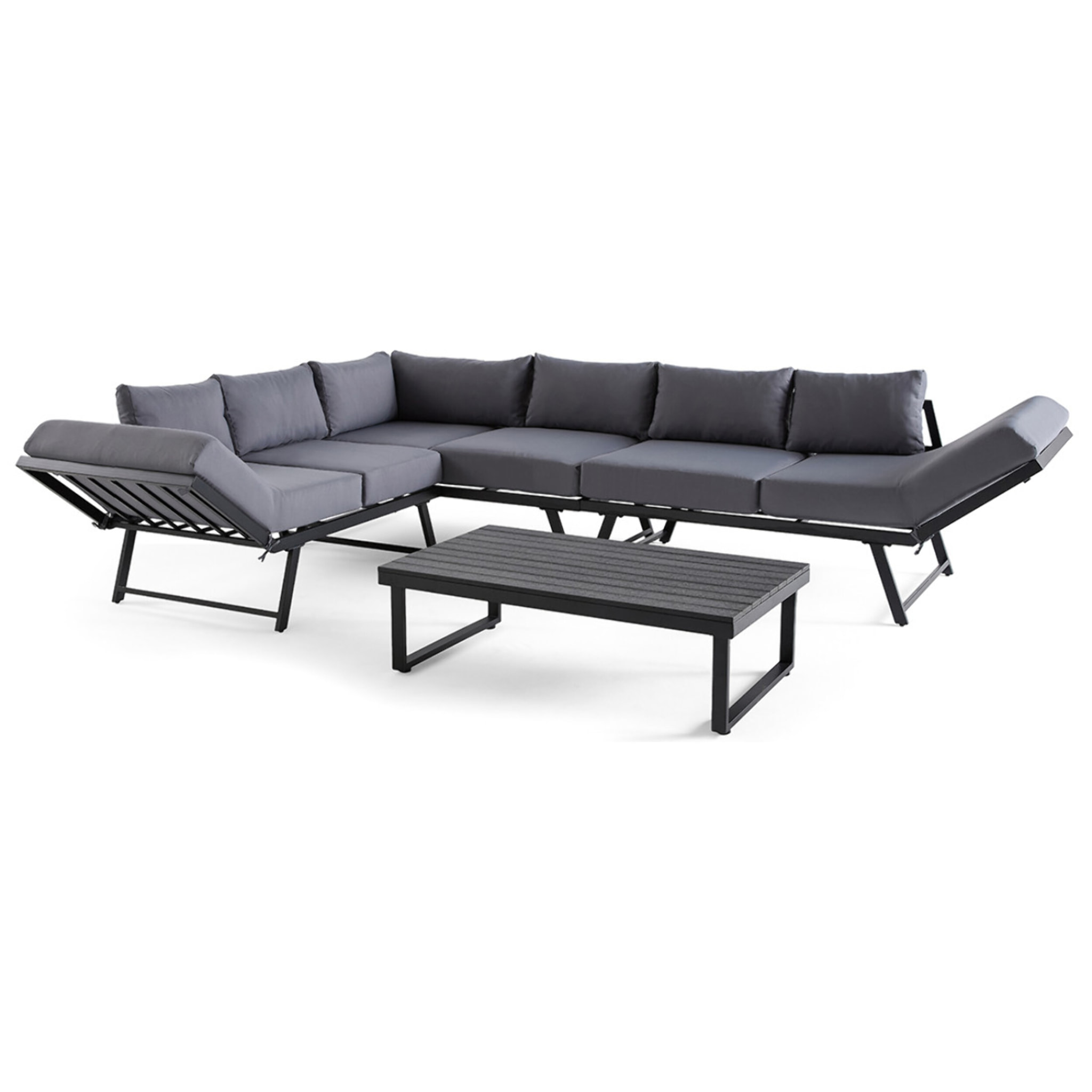 Konna - salon de jardin d'angle en acier noir - 5 places - coussin gris et table incluse - Noir / Gris