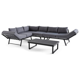 Konna - salon de jardin d'angle en acier noir - 5 places - coussin gris et table incluse - Noir / Gris