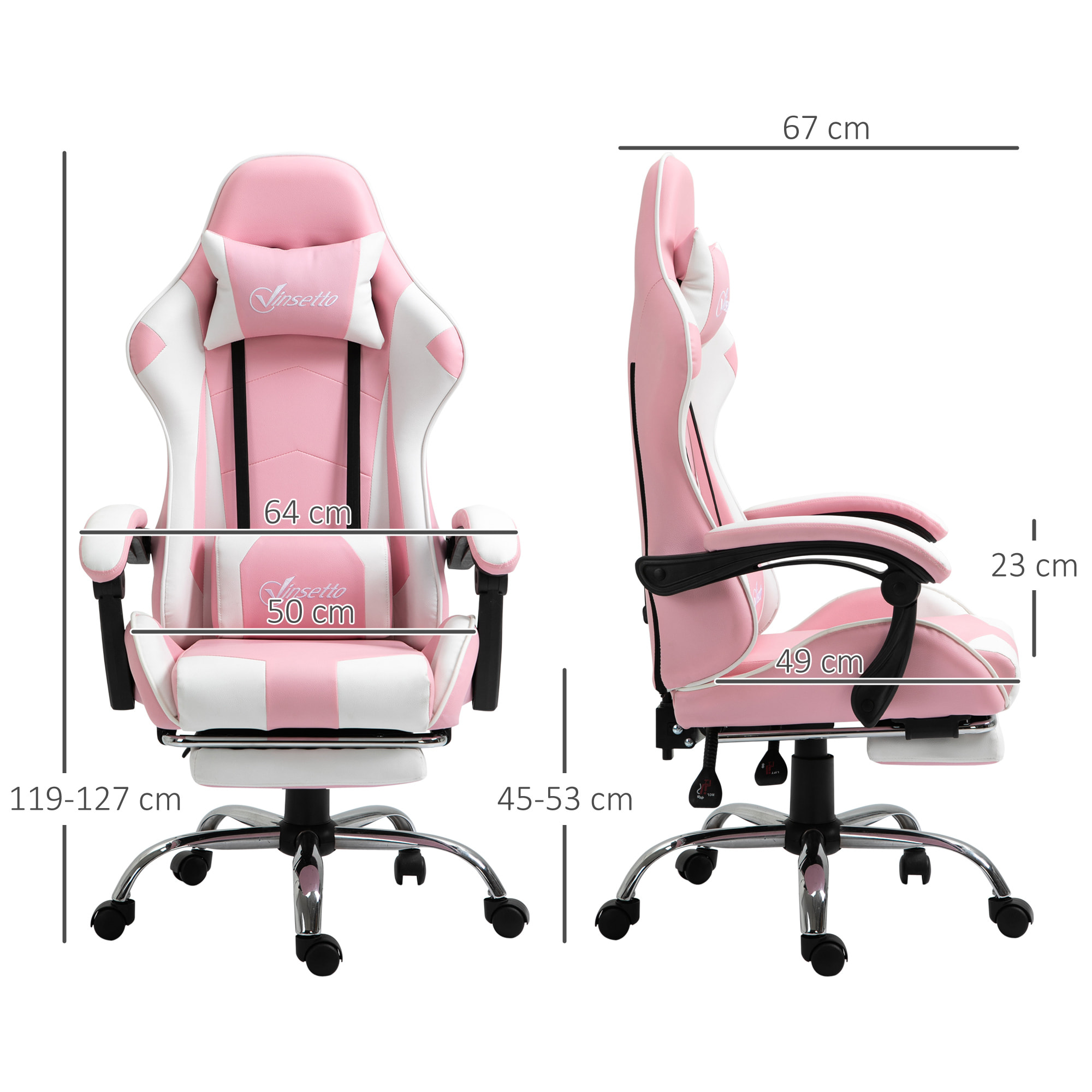 Silla Gaming Reclinable Silla Gamer Giratoria con Reposacabezas Reposapiés Cojín Lumbar Altura Ajustable para Oficina Estudio 64x67x119-127 cm Rosa