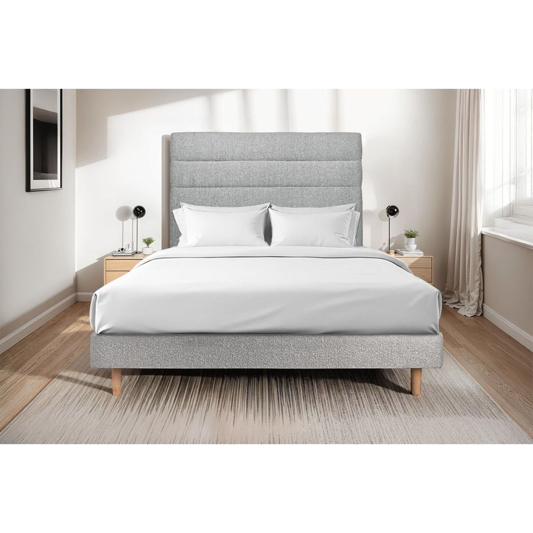 Lit avec tête de lit bandes horizontales bouclette et sommier kit Ep14