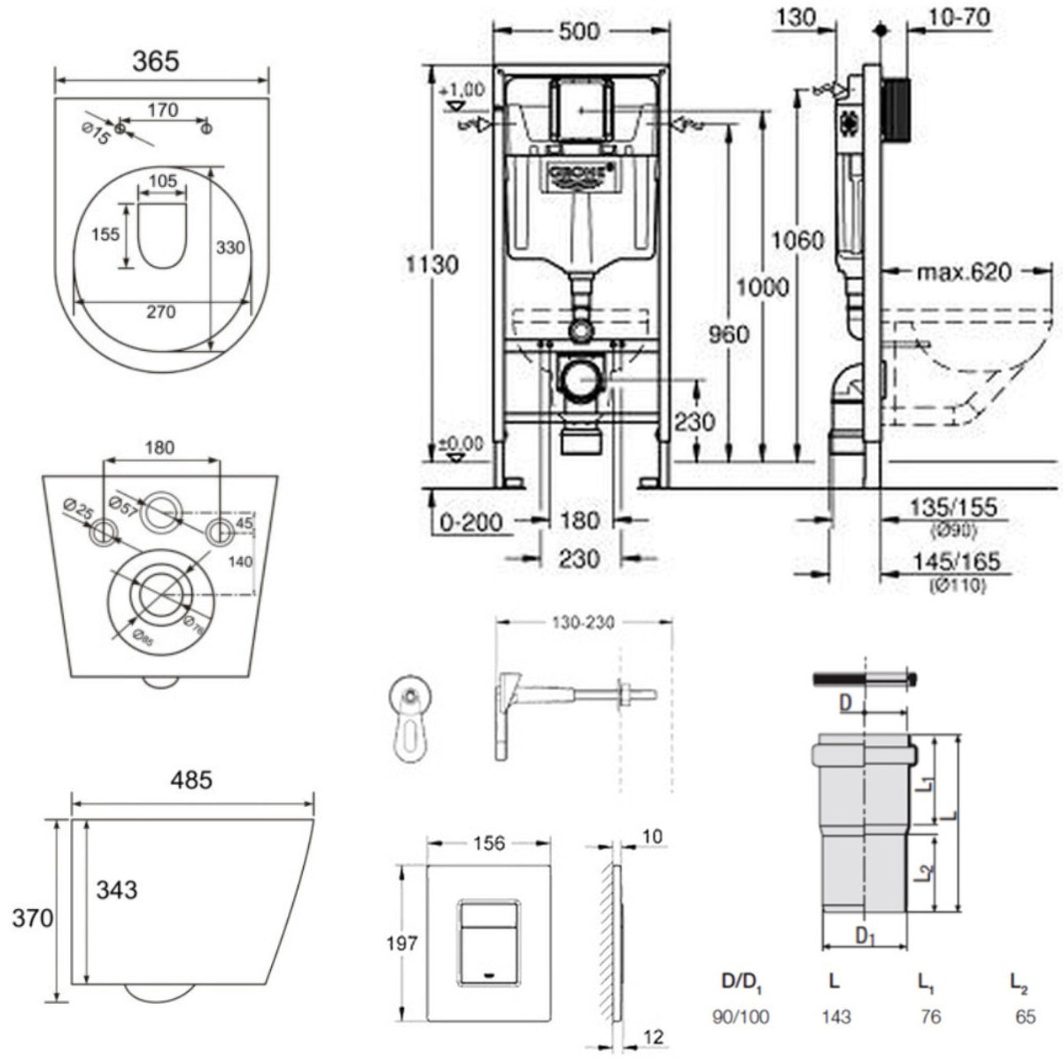 Pack WC Bâti-support Rapid SL + Cuvette SAT noire mat + Abattant frein de chute + Plaque Chrome