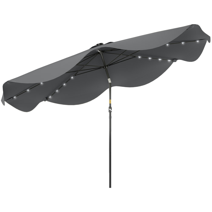Sombrilla de Jardín Ø292x254 cm Parasol de Terraza Manual con 32 Luces LED Solares 8 Varillas Ángulo Ajustable Impermeable y Rejillas de Ventilación para Patio Balcón Gris Oscuro