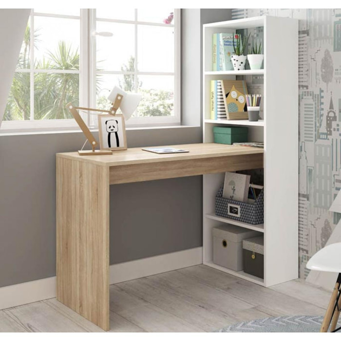 Scrivania Denton, Scrittoio multifunzione reversibile con libreria a 5 ripiani, Tavolo da studio o ufficio porta PC portalibri, cm 120x53h144, Bianco e Rovere