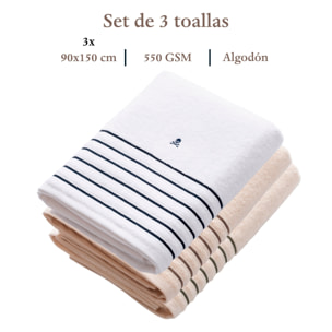 Set de 3 toallas de ducha (150x90), 100% algodón, 470 gsm, en colores blanco y beige con raya verde y raya marrón, scalpers home