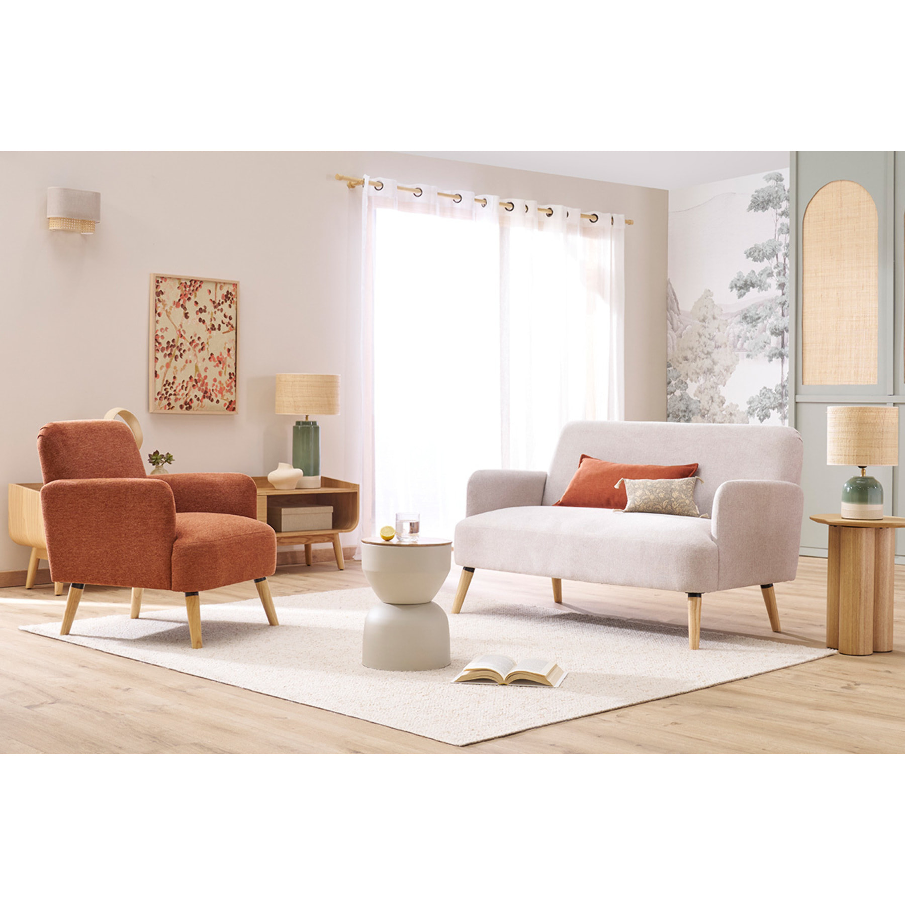 Canapé scandinave 2 places en tissu effet velours texturé beige et bois clair ISKO
