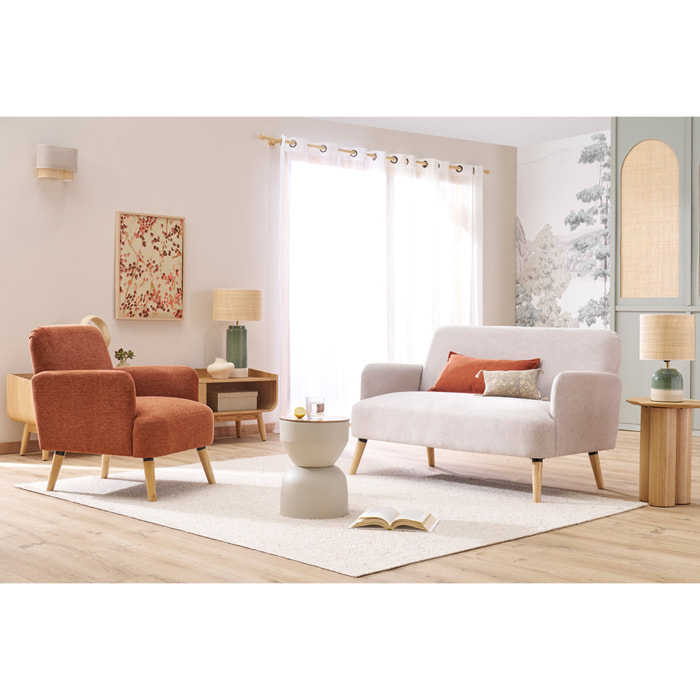 Canapé scandinave 2 places en tissu effet velours texturé beige et bois clair ISKO