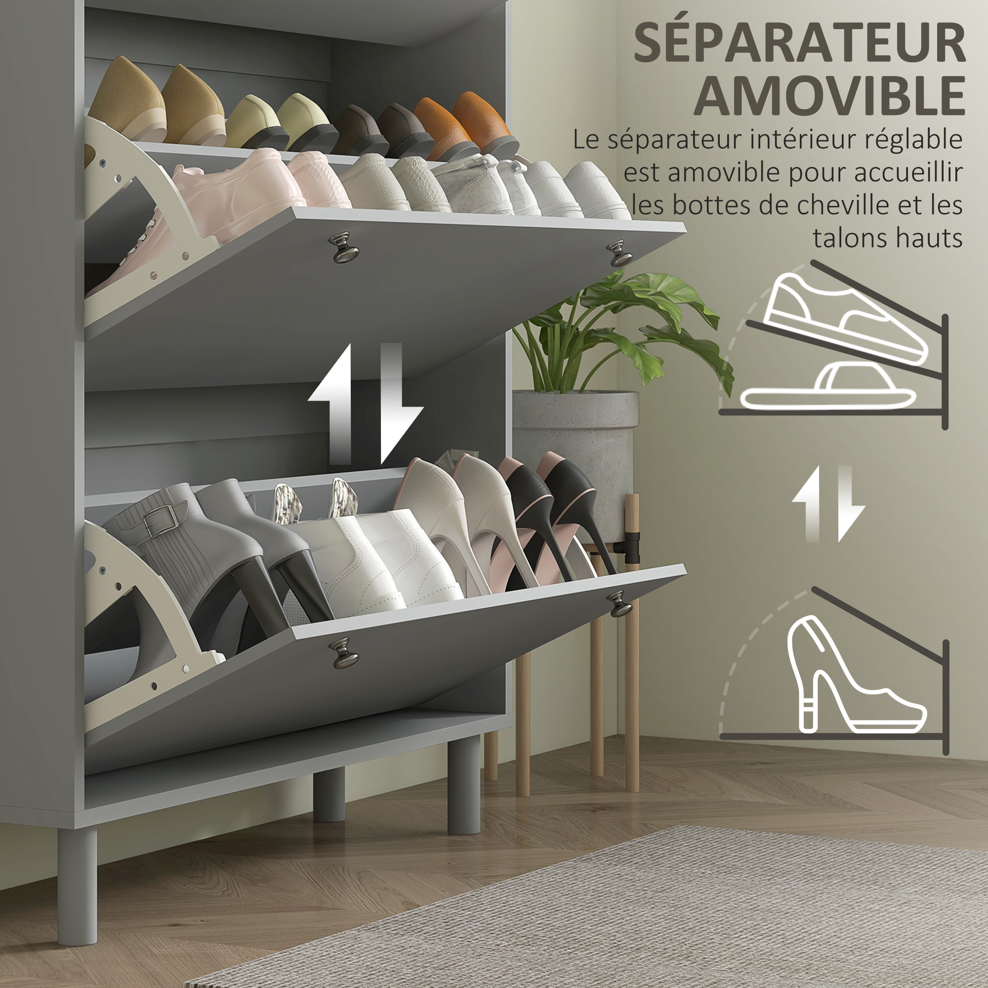 Meuble à chaussures sur pieds 3 portes étagères réglables dim. 80x23,5x121cm gris effet bois