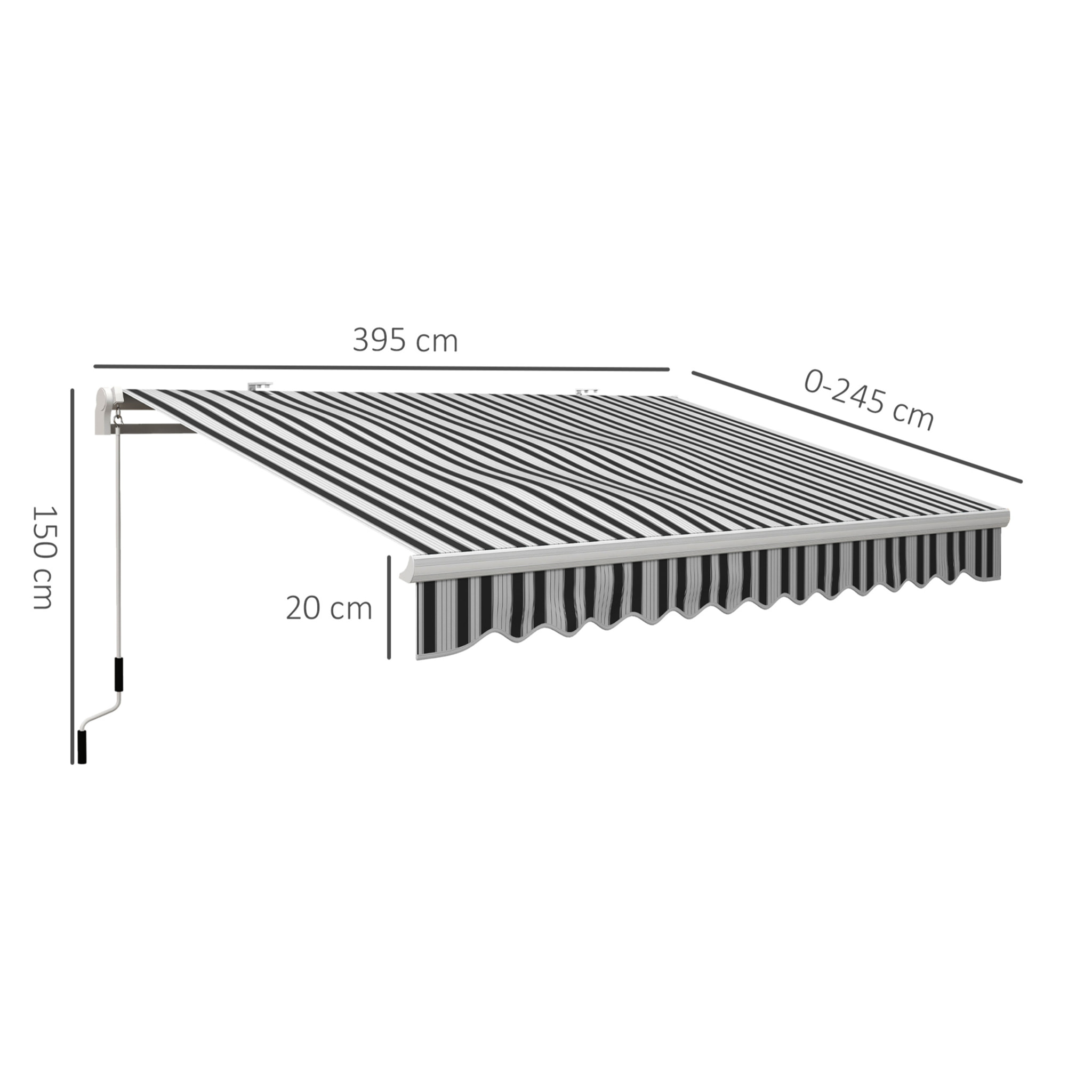 Toldo Manual Retráctil 395x245 cm, Toldo Exterior Terraza con Ángulo Ajustable, Brazo Articulado, Montaje a Pared, Estructura de Aluminio, Anti-UV e Impermeable, para Jardín, Azul y Blanco