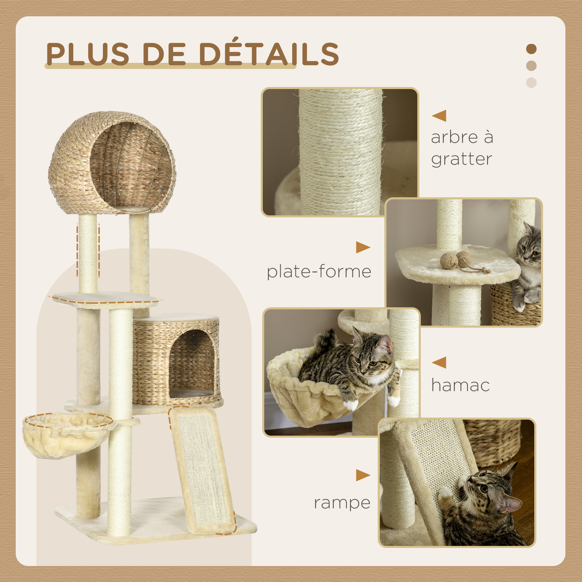 Arbre à chat style cosy chic griffoirs grattoir sisal 2 grandes niches plateforme hamac peluche courte beige jacinthe d'eau