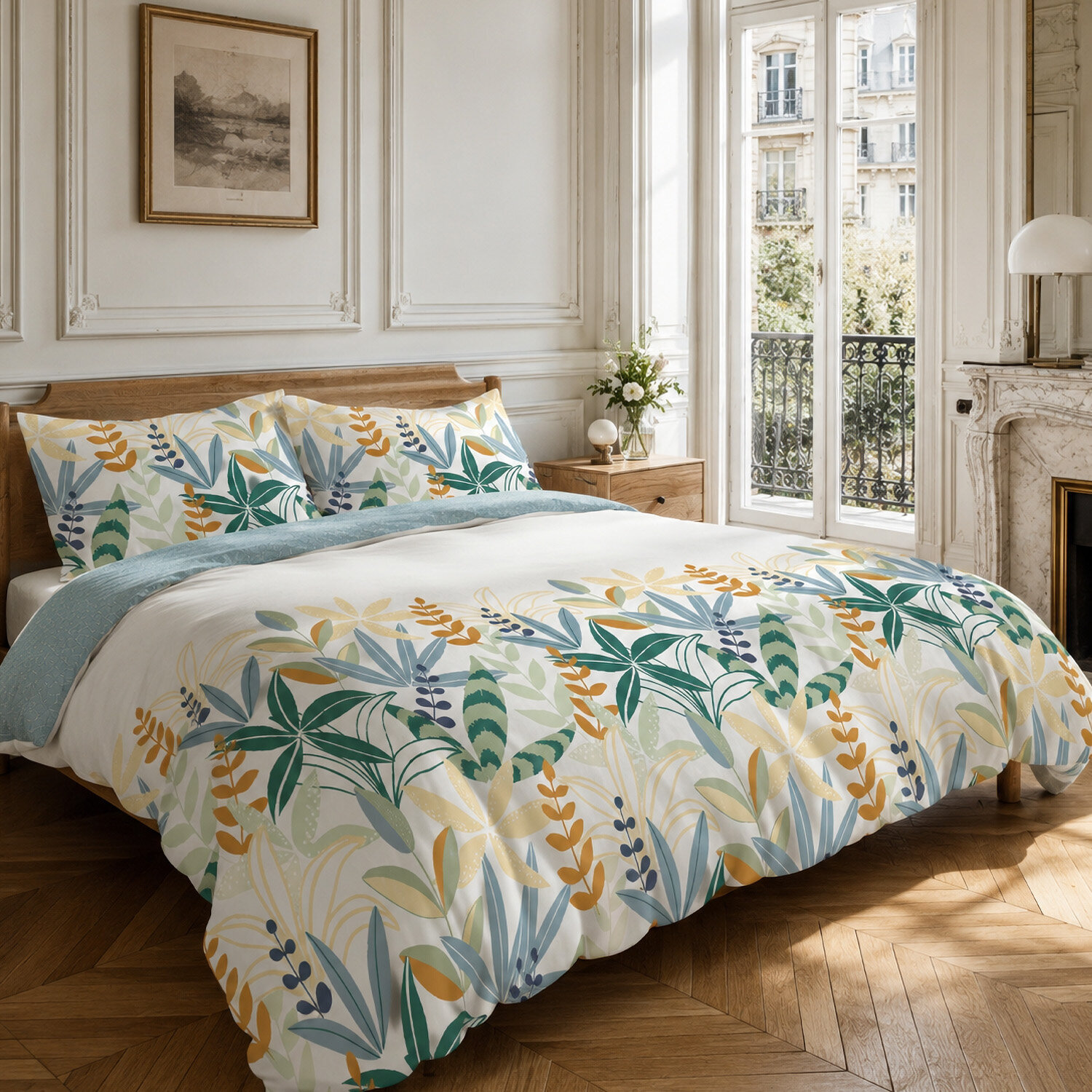 Parure housse de couette 100% coton motif feuillage - Goyave