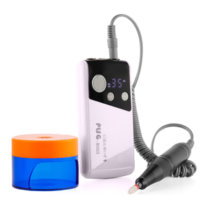 Pulidora de uñas con batería recargable de 2000mAh, hasta 35.000rpm. Velocidad regulable. Incluye 1 cabezal de pulido y lámapara UV de secado.