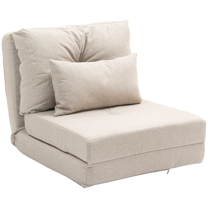 HOMCOM Sofá Cama Individual Plegable 3 en 1, Sofá Cama, Tapizado en Lino, con Respaldo Ajustable 5 Posiciones, Almohadas, Marco Metálico, para Dormitorio, Salón, Beige