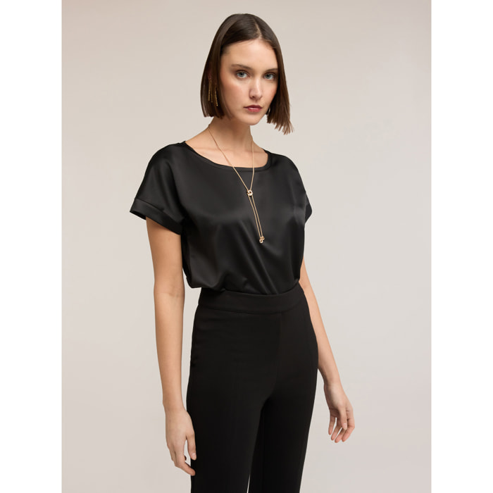 Motivi - T-shirt bimaterica misto cotone - Nero