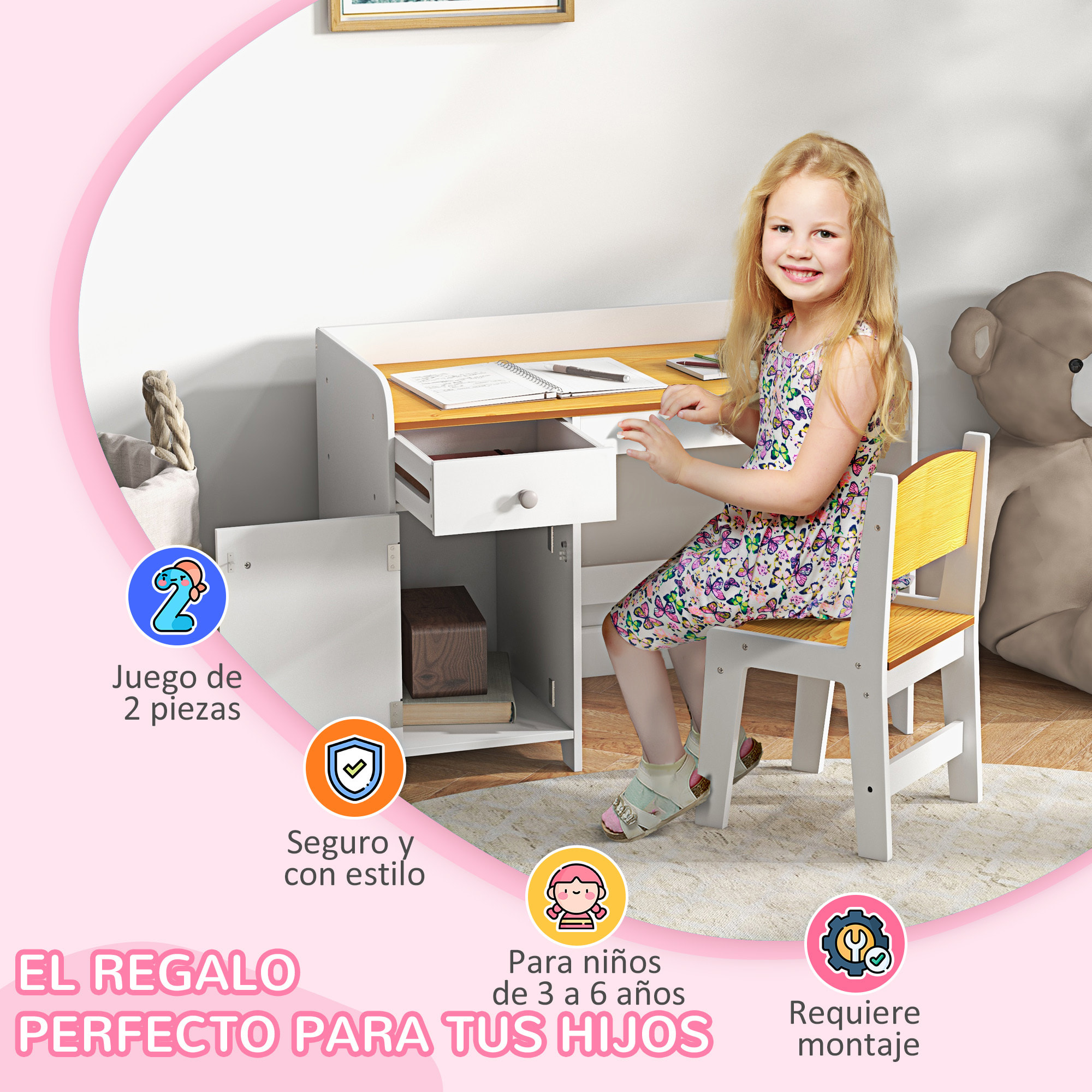 Conjunto de Escritorio de 2 Piezas Pupitre Infantil Escritorio para Niños Incluye Silla y Mesa con Cajón y Armario para Dormitorio Sala Blanco y Natural