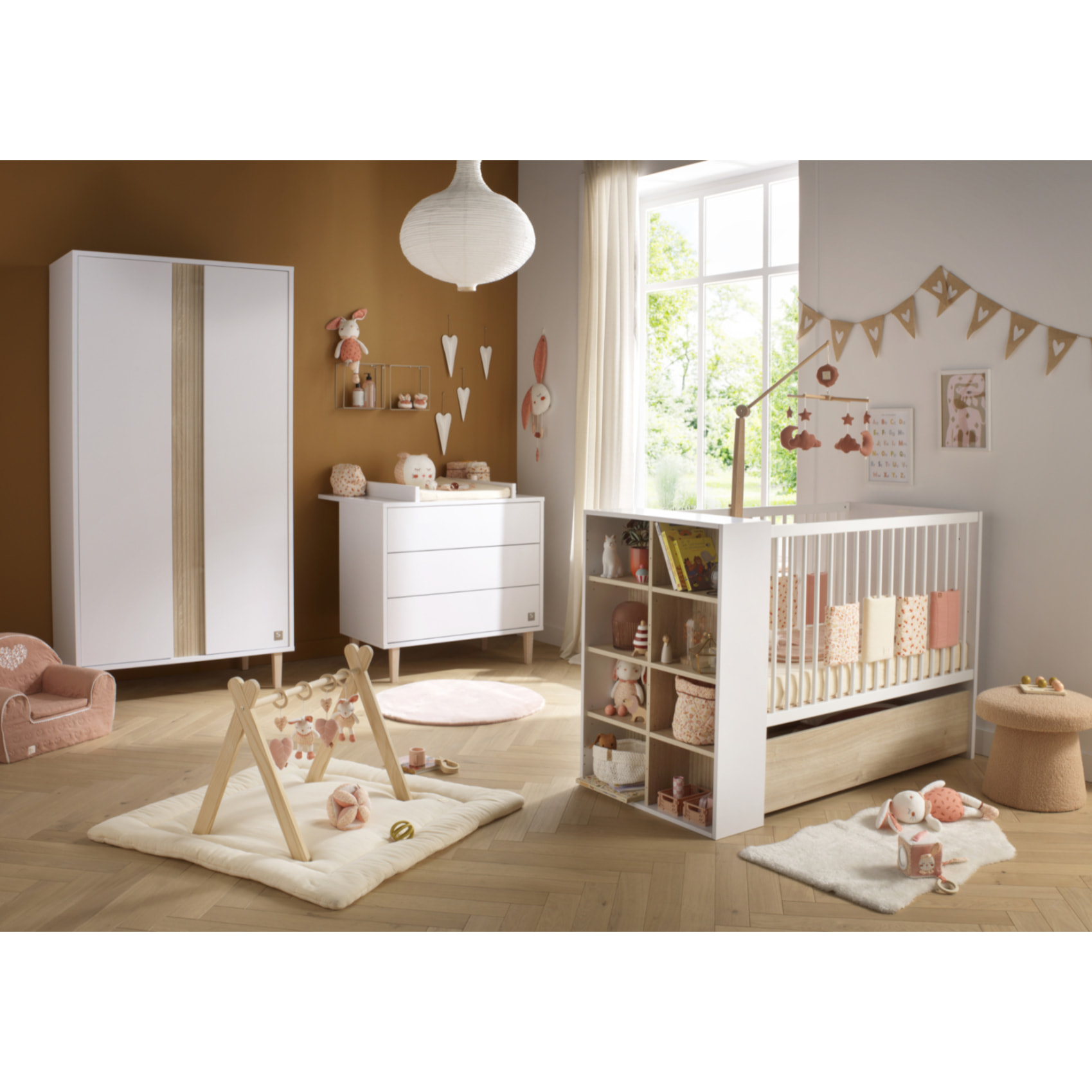 Armoire 2 portes avec détail imitation bois texturé et pieds bois
