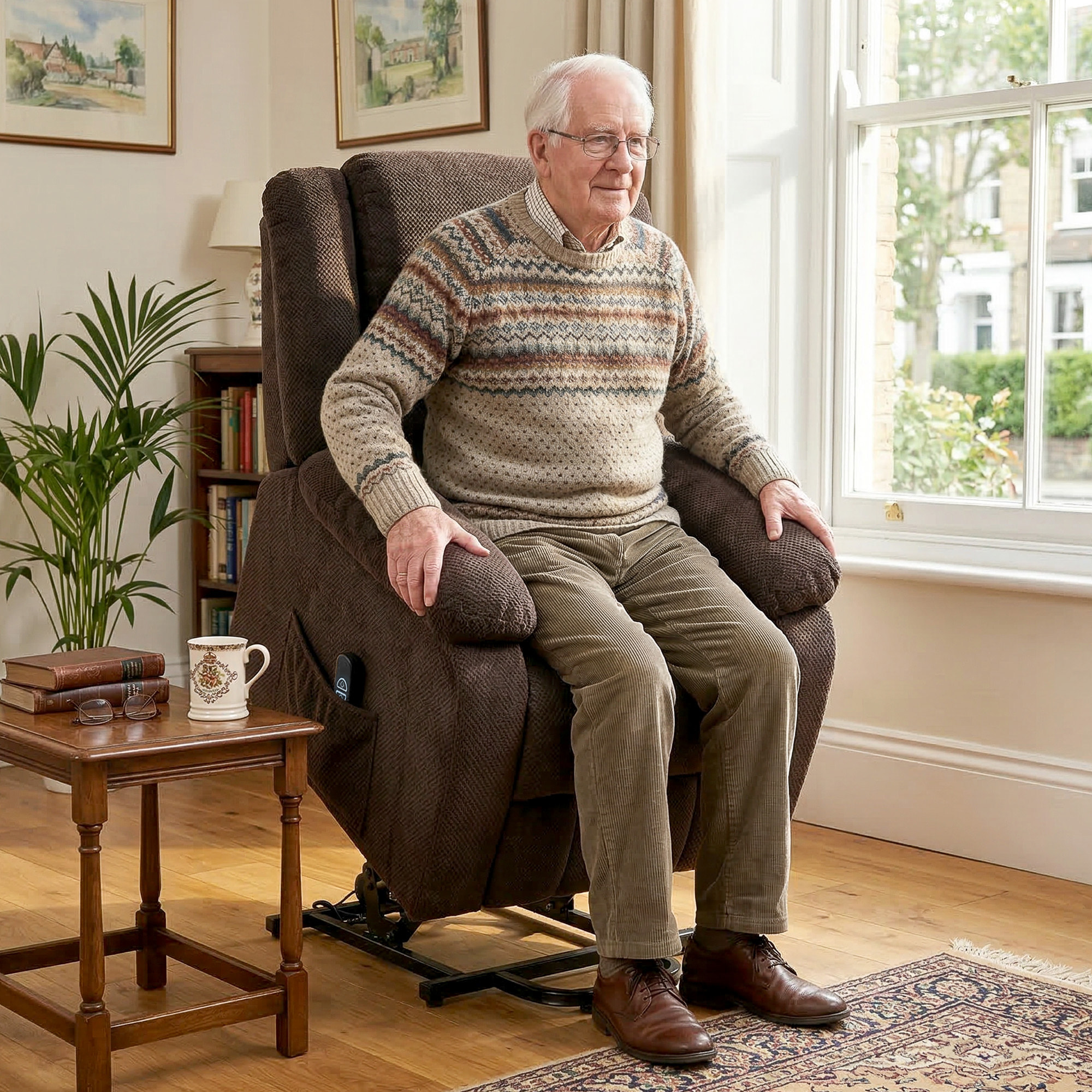 Sillón Relax Reclinable Eléctrico Levanta Personas, con Puerto USB, Sillón Elevador, con Control Remoto, Asiento Ancho, Reposapiés, Tapizado en Terciopelo, Bolsillos Laterales, Marrón