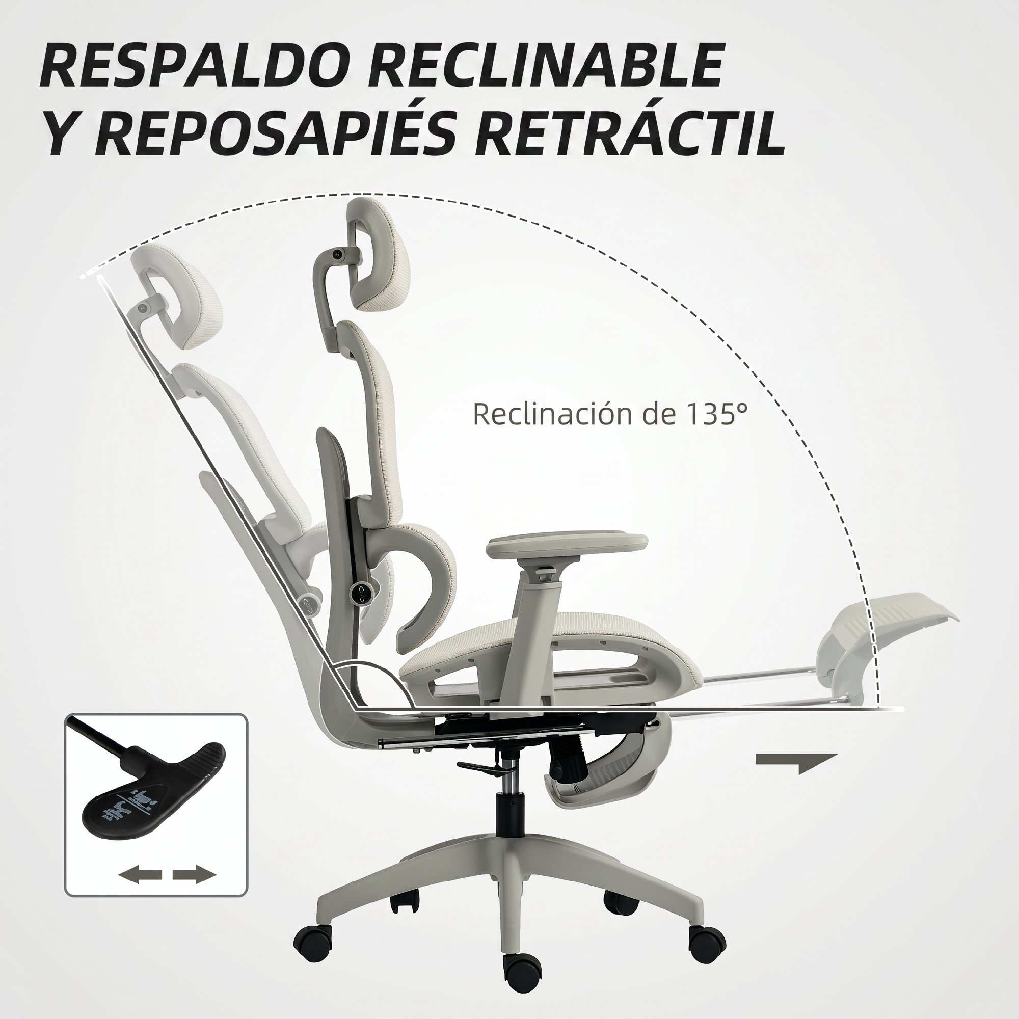 Silla de Oficina Ergonómica de Malla, Silla de Escritorio con Reposabrazos 3D, Reclinable a 135°, Reposacabezas Ajustable, Respaldo Alto, Soporte Lumbar, Reposapiés, Altura Ajustable, Beige