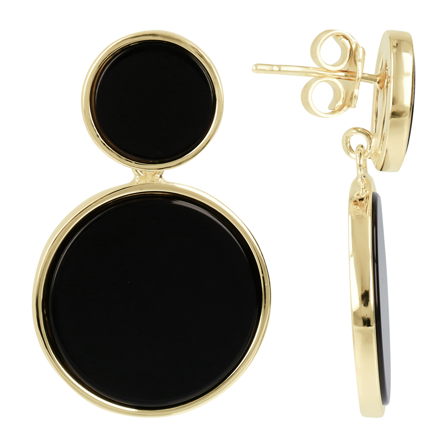 Orecchini Pendenti in Argento 925 placcato Oro giallo 18kt con Doppio Disco in Onice Nero