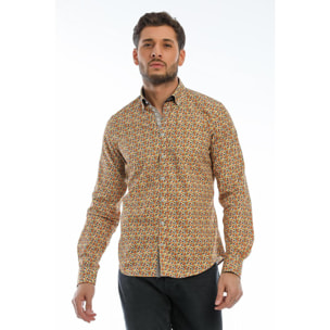 Camicia Uomo 1 Bottoni Button Down Slim Popeline Fantasia Bianco e Arancio