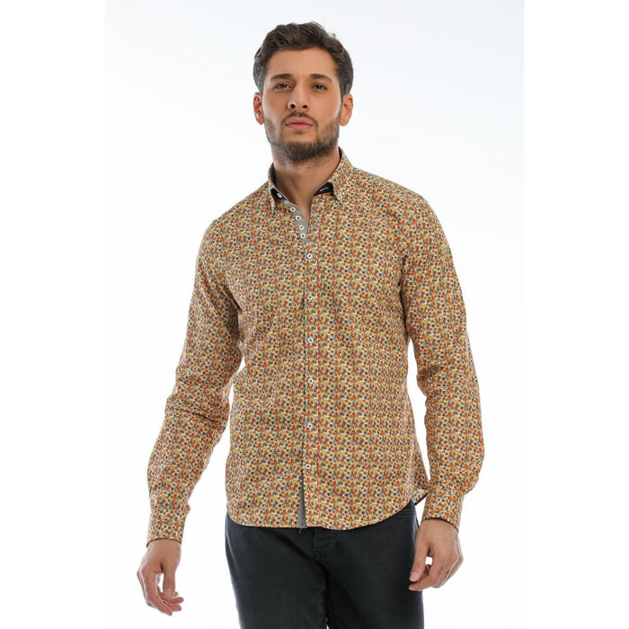 Camicia Uomo 1 Bottoni Button Down Slim Popeline Fantasia Bianco e Arancio