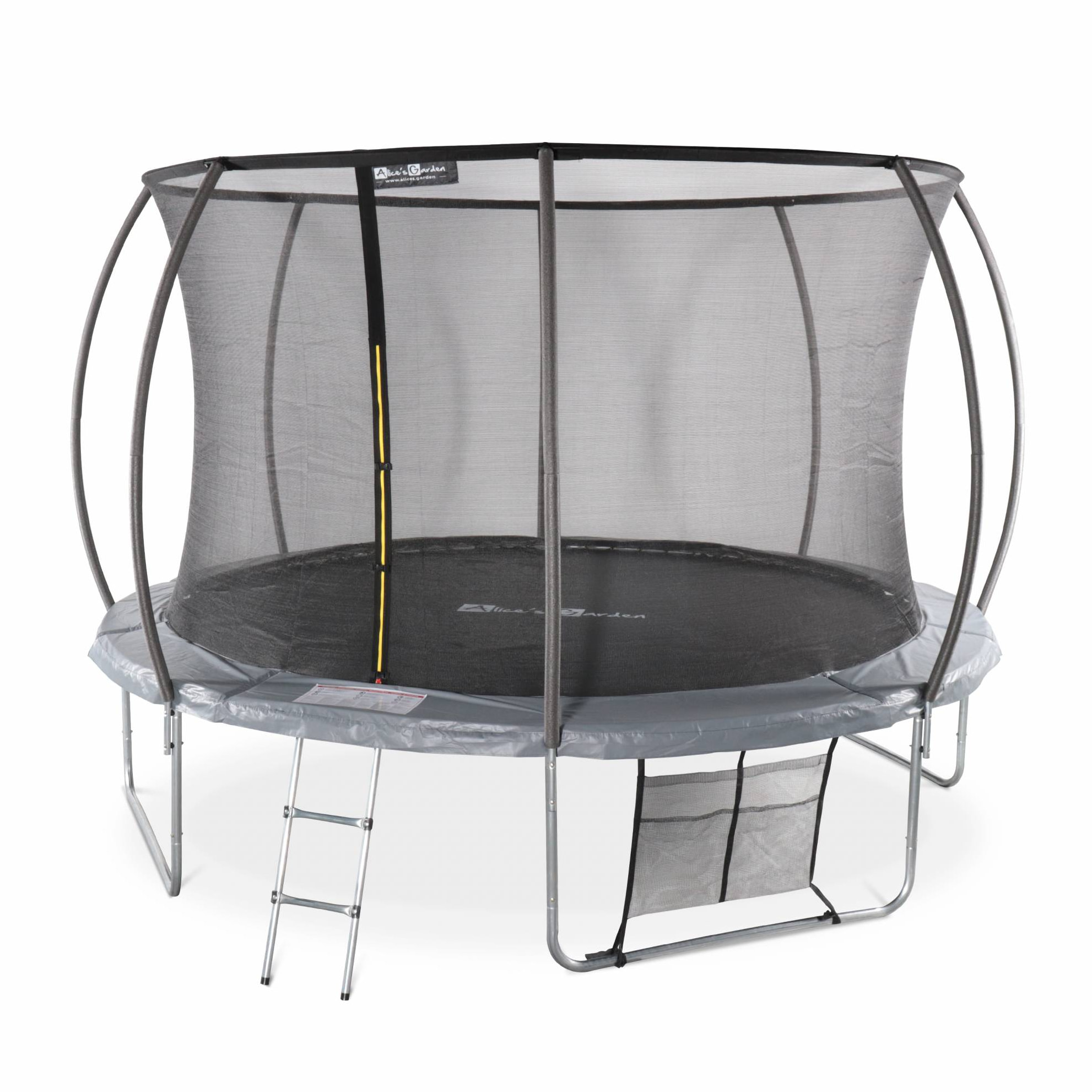 Trampoline rond Ø 370cm gris - Saturne Inner XXL – trampoline de jardin avec filet de protection intérieur. échelle. bâche. filet pour chaussures et kit d'ancrage