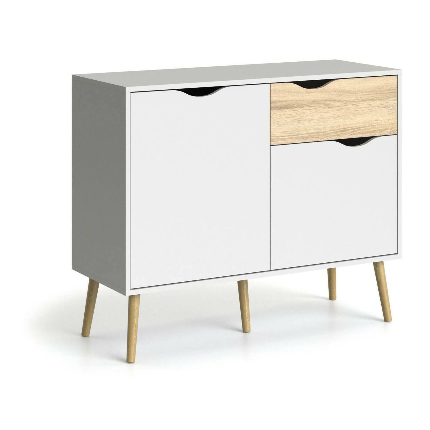 Credenza a due ante e un cassetto, colore bianco e rovere, Misure 98 x 81 x 39 cm