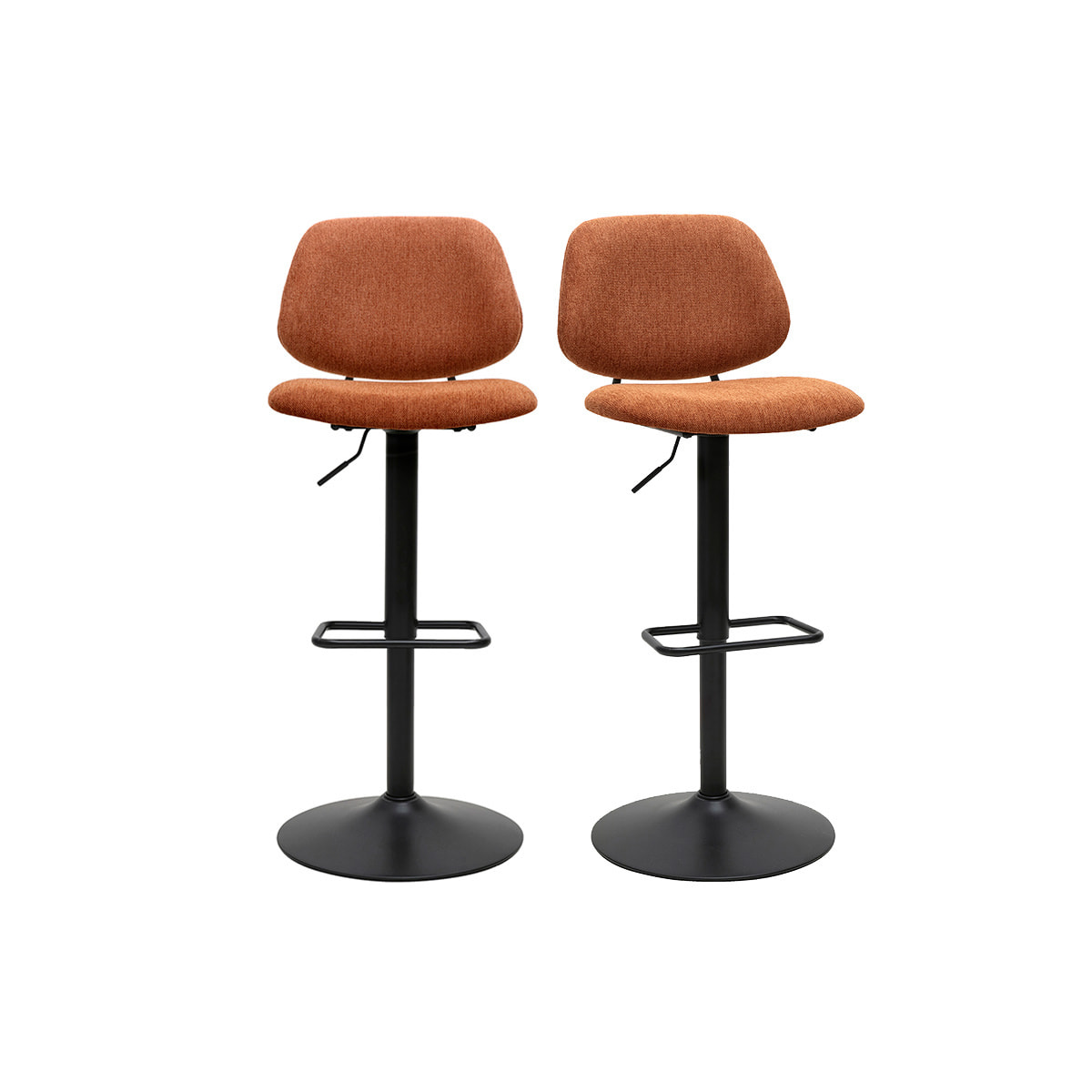 Tabourets de bar relevables design en tissu effet velours texturé terre brûlée et métal noir BARNET (lot de 2)