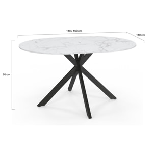 Table à manger ronde extensible Soline effet marbre blanc et noir Ø110-150cm