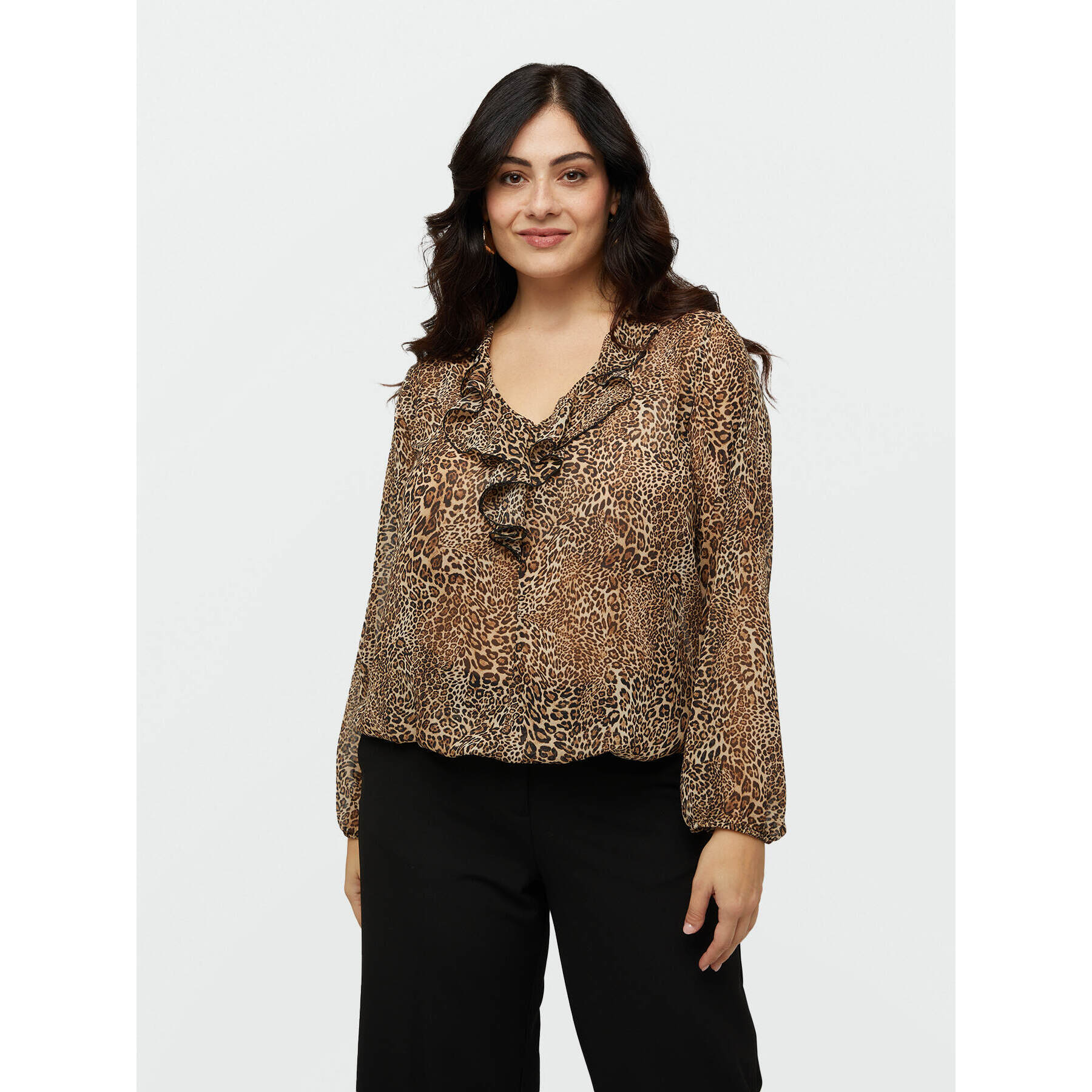 Fiorella Rubino - Blusa animalier con volants davanti - Marrone