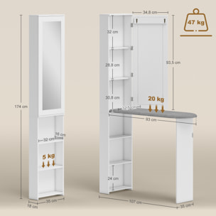 Mueble de Plancha con Espejo, Tabla de Planchar Plegable, Mueble Planchador con 6 Compartimentos, 2 Ganchos, para Espacios Reducidos, 107x35x174 cm, Blanco