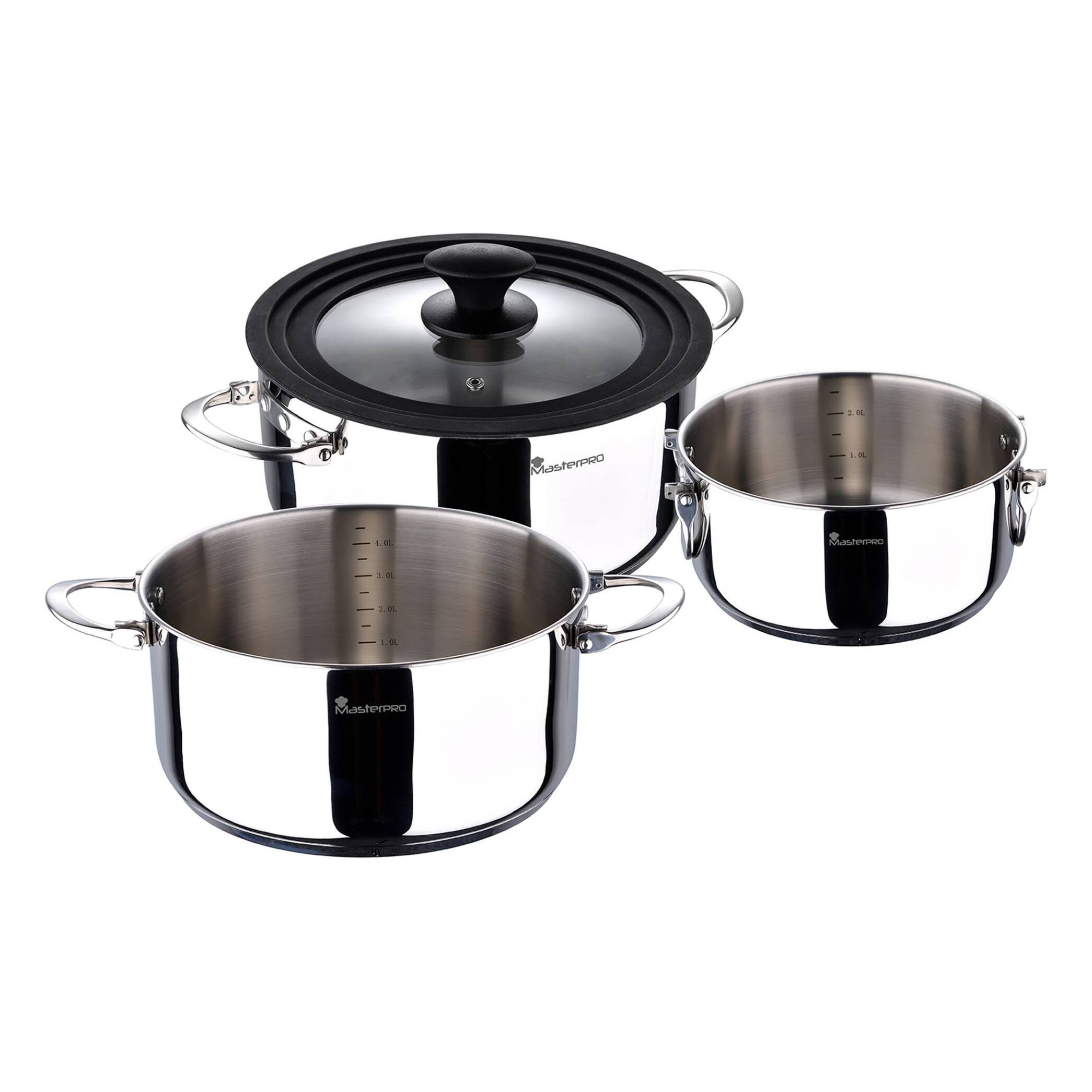 Batería de cocina con cacerolas de Ø16Ø20Ø24cm en acero inoxidable y Tapa de cristal FOODIES MasterPRO