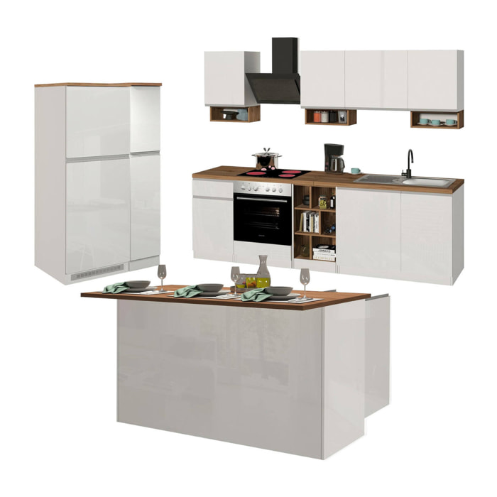 Cucina completa Armend, Set con dispensa, Mobile per cucinotto, Kit blocco con isola e portafrigo, 100% Made in Italy, Bianco lucido e Rovere