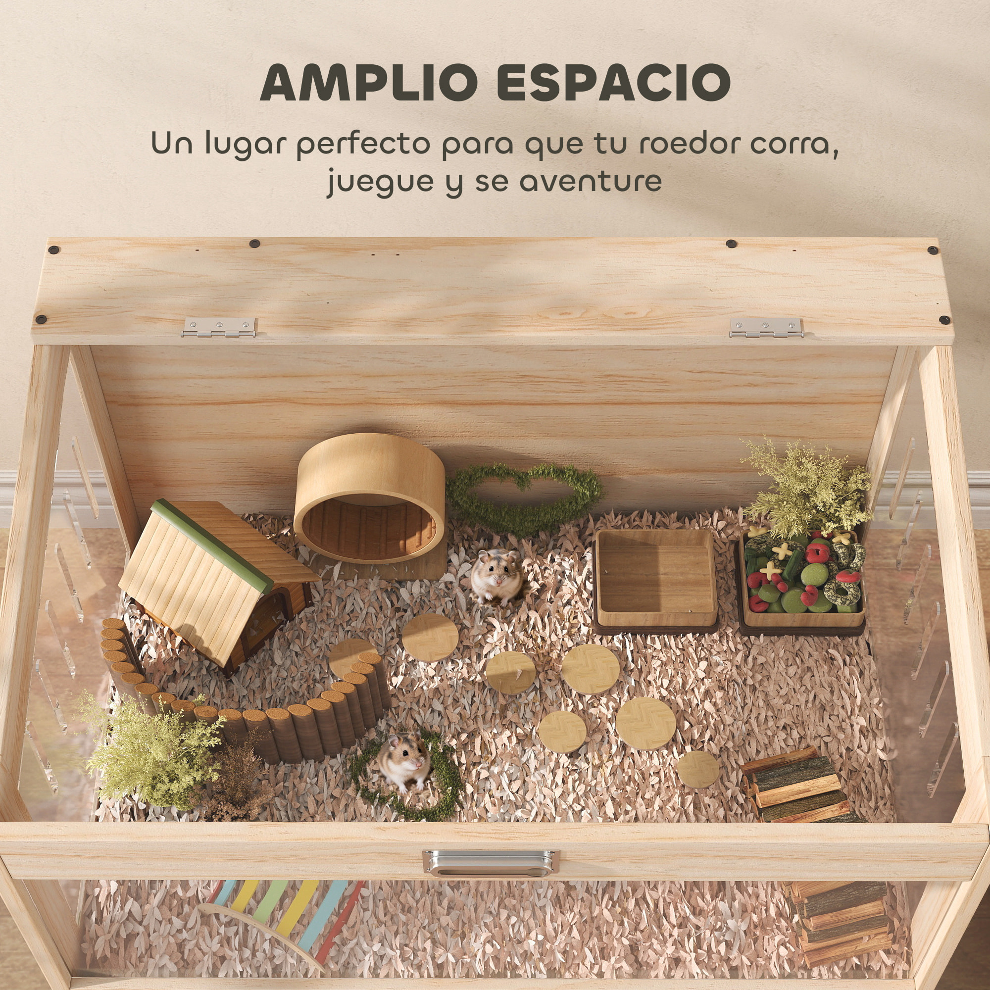 Jaula para Hámster con Espacio de Almacenaje Casa para Hámster con Paneles Acrílicos Visibles Estante Ajustable para Jerbo 60x40x82,5 cm Natural