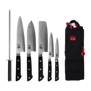 Il Set Nomade Completo Hashi Tsuchime 7 pezzi: 5 coltelli (ufficio + petty + nakiri + santoku + gyuto) + custodia 100% cotone + acciaino per affilare