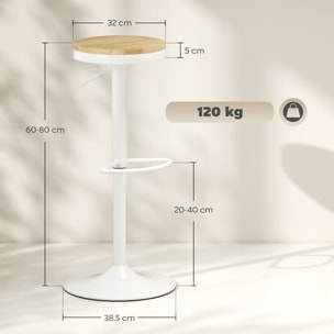 Juego de 2 Taburetes de Bar Giratorios Taburetes Altos de Cocina con Altura Ajustable 60-80 cm Asiento de Madera Marco de Acero y Reposapiés para Comedor Mostrador Natural y Blanco