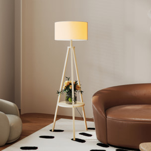 Lámpara de Pie Trípode con Estante Lámpara de Pie Salón con Pantalla de Lino Interruptor de Pie para Sala de Estar Oficina Dormitorio Gris y Natural