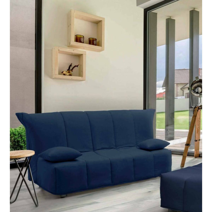 Divano letto 3 posti Antal, Sofà Soggiorno con apertura a carrello in tessuto imbottito, Cuscini inclusi, 100% Made in Italy, Cm 165x90h85, Blu